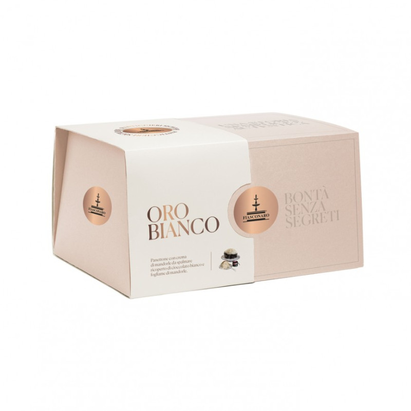 Panettone Oro Bianco, con crema di mandorla da spalmare, ricoperto di cioccolato bianco e fogliame di mandorle, senza uvetta e