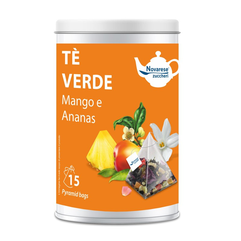 Tè Verde Mango e Ananas, Barattolo con 15 Filtri Piramidali da 2,25g - Novarese Zuccheri