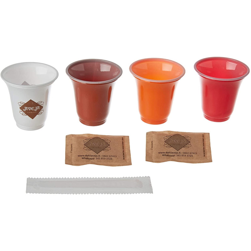 Kit da Caffè, Bicchierini Plastica Colorati 80cc Riutilizzabili, Zucchero di Canna, Palette - 100 pz - Dolci Aveja