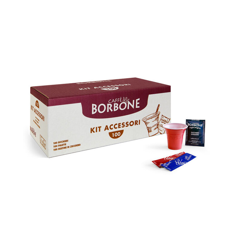 Caffè Borbone - Branded Coffe Kit 100 Espresso Cups, 100 Sugar Bags, 100 Sticks